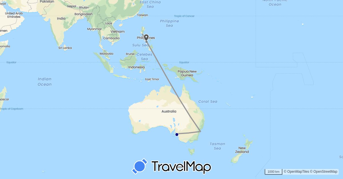 TravelMap itinerary: driving, plane, motorbike in Australia, Philippines (Asia, Oceania)