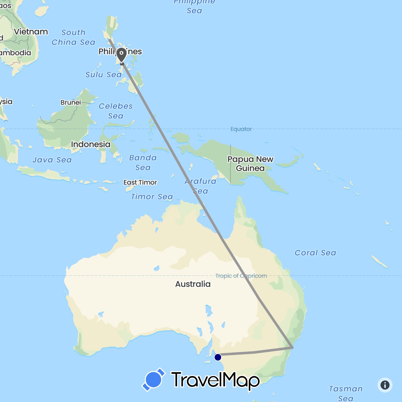 TravelMap itinerary: driving, plane, motorbike in Australia, Philippines (Asia, Oceania)
